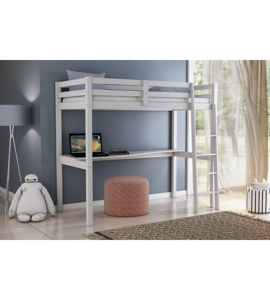 LETTO A SOPPALCO CON SCRIVANIA "NIZZA" IN PINO MASSELLO BIANCO LACCATO 90X190X176 CM